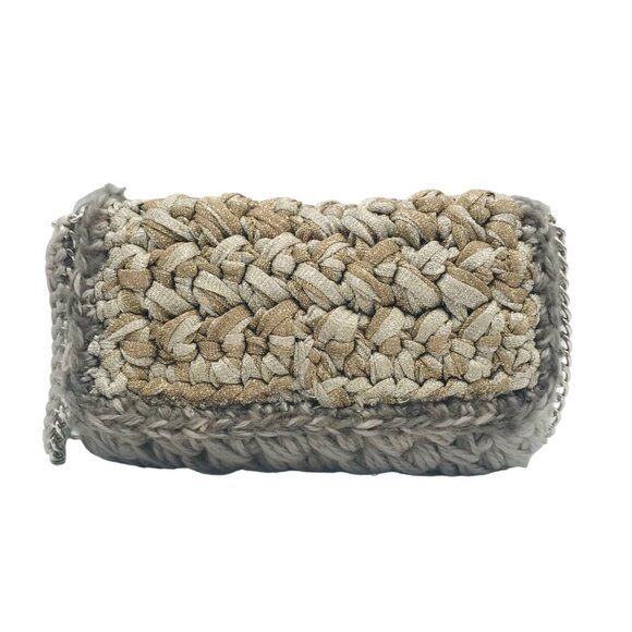Lorenza Gandaglia Gray & Gold Lurex Crochet Flap Shoulder Bag - Picture 1 of 12